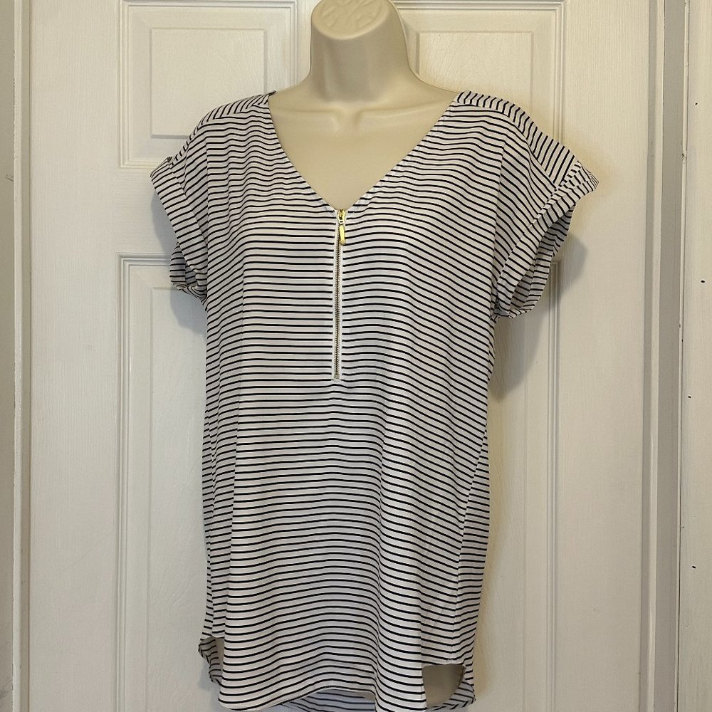 Express Gramercy White/Black Stripe Vneck with Gold Zip